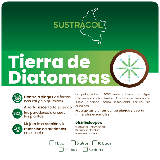 Etiqueta del producto Tierra de Diatomeas Sustracol con información sobre control natural de plagas y beneficios.