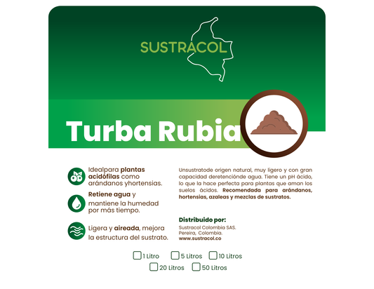 Etiqueta de Turba Rubia Sustracol con información de pH ácido y propiedades