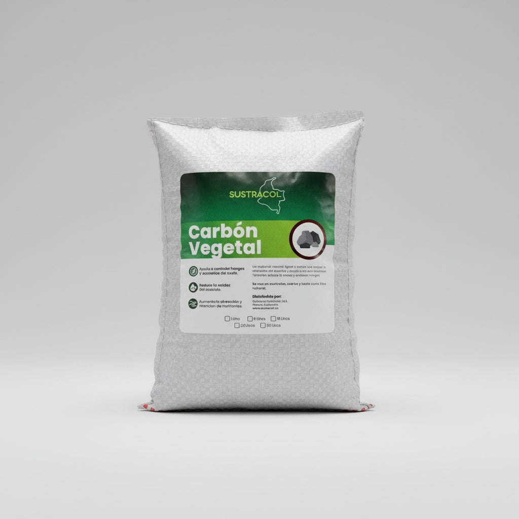 Bolsa mediana de Carbón Vegetal Sustracol, ideal para mezclas de sustratos, jardinería y agricultura orgánica.
