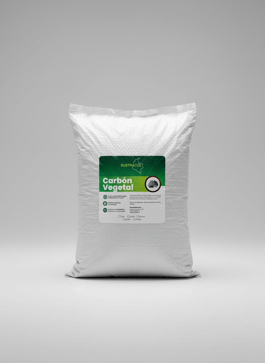 Bolsa de Carbón Vegetal Sustracol sobre fondo blanco, fertilizante natural que mejora la aireación y controla hongos en el sustrato.
