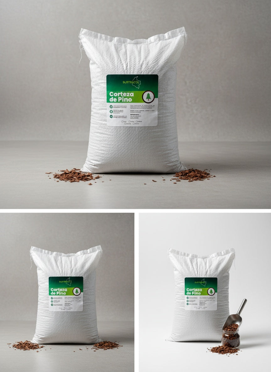 Corteza de Pino Sustracol utilizada como cobertura decorativa en jardines.
