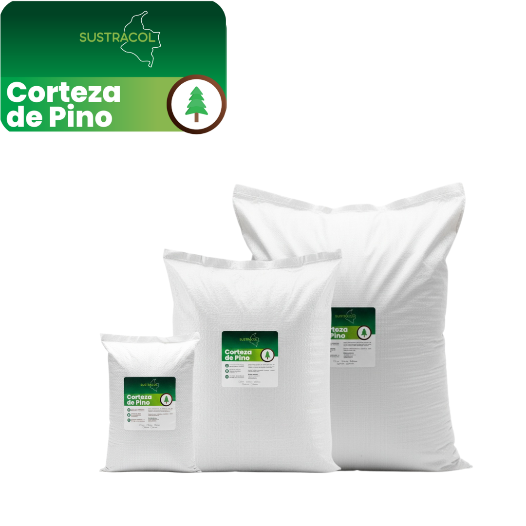 Presentaciones de Corteza de Pino Sustracol en sacos de 10, 20 y 50 litros.
