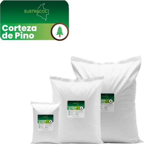 Presentaciones de Corteza de Pino Sustracol en sacos de 10, 20 y 50 litros.
