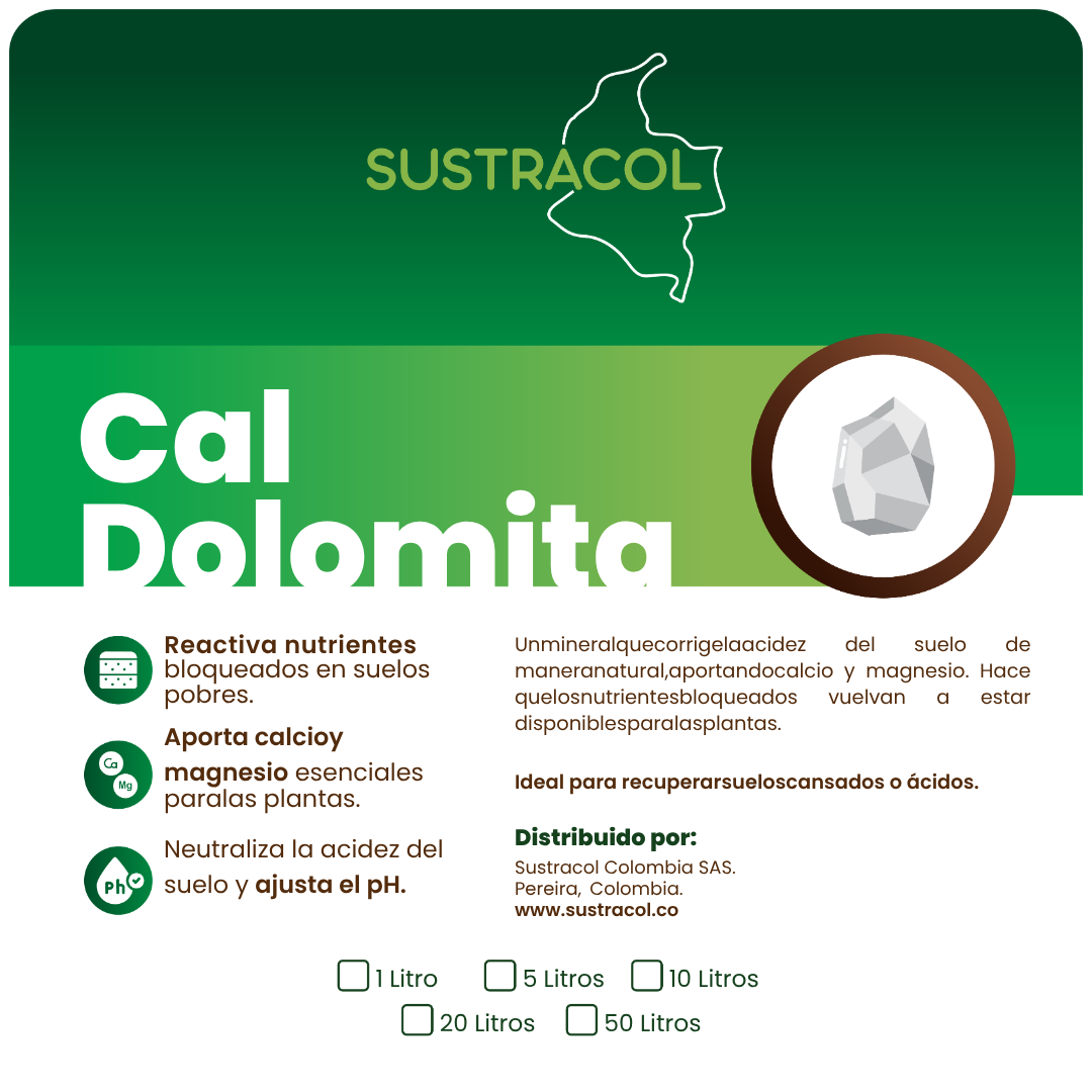 Etiqueta del producto Cal Dolomita Sustracol con información y beneficios.
