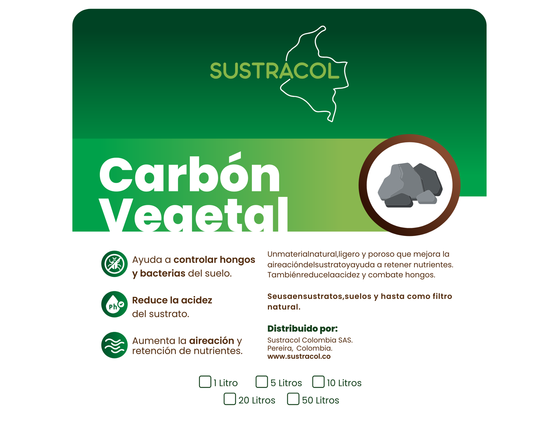 Etiqueta del Carbón Vegetal Sustracol, fertilizante natural colombiano que mejora la aireación y controla bacterias del suelo.
