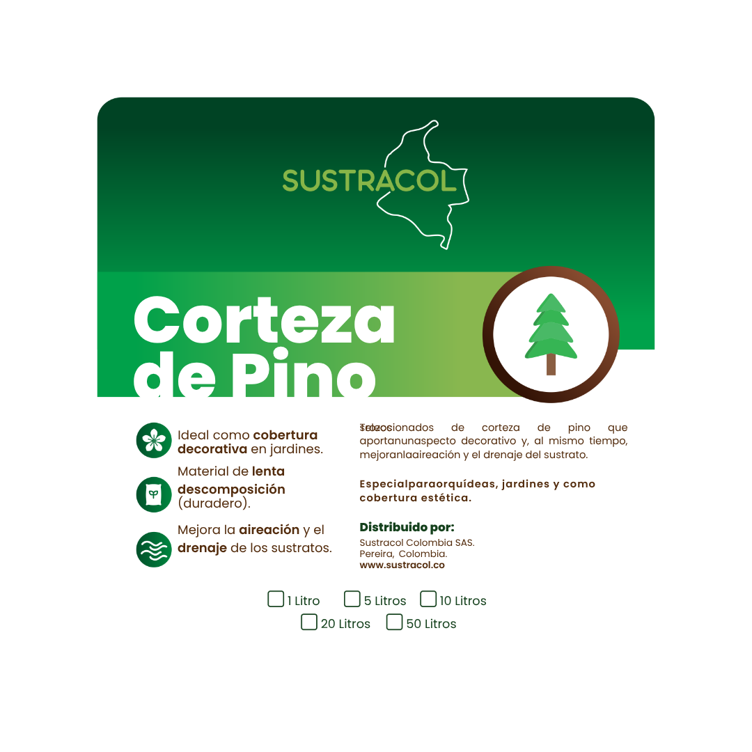 Etiqueta del producto Corteza de Pino Sustracol con descripción y beneficios.
