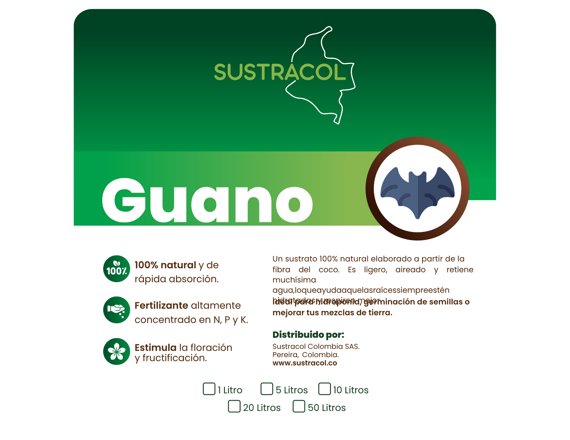 Etiqueta del fertilizante orgánico Guano Sustracol con información de uso y beneficios.