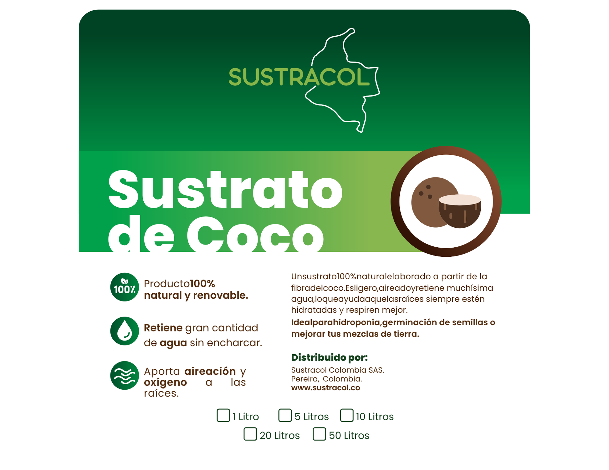 Etiqueta del producto Sustrato de Coco Sustracol con información sobre uso y beneficios.
