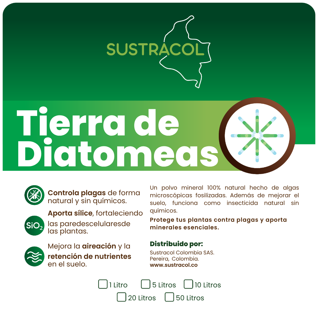 Etiqueta del producto Tierra de Diatomeas Sustracol con información sobre control natural de plagas y beneficios.
