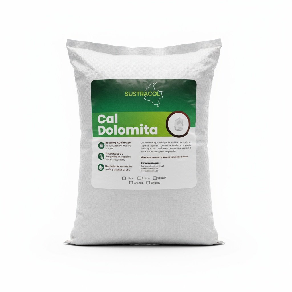 Saco de Cal Dolomita Sustracol de 1 litros, ideal para corregir acidez del suelo.