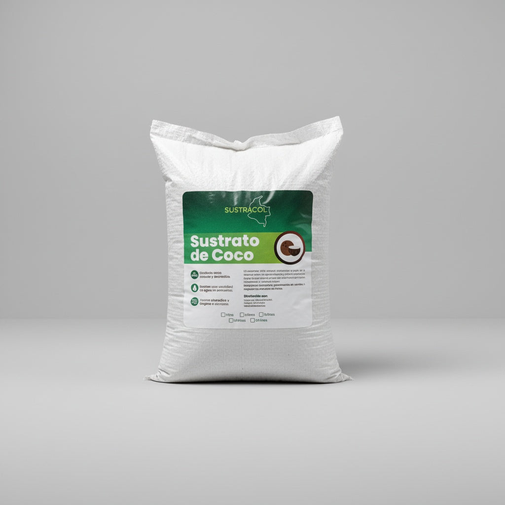 Saco de 1 litro de Sustrato de Coco Sustracol, ideal para jardinería y cultivos orgánicos.
