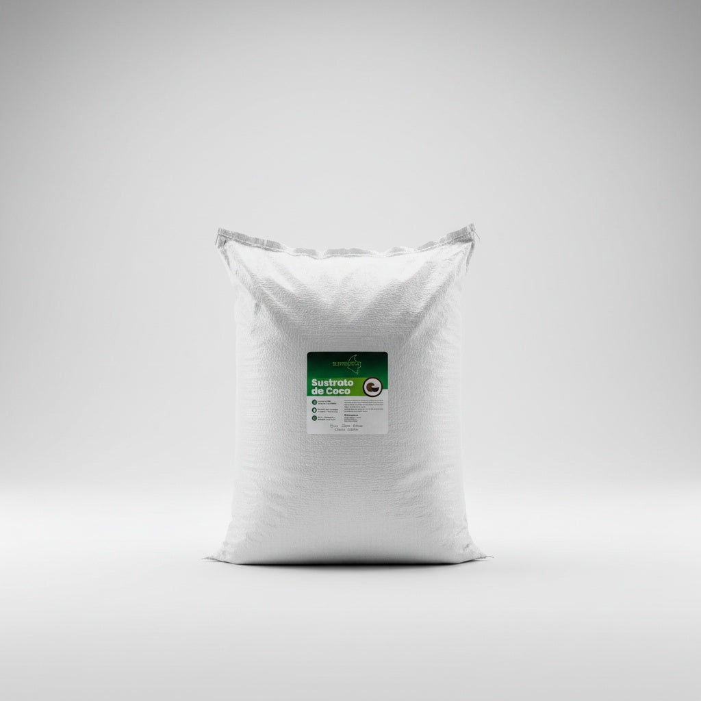 Saco de 10 litros de Sustrato de Coco Sustracol, ideal para jardinería y cultivos orgánicos.
