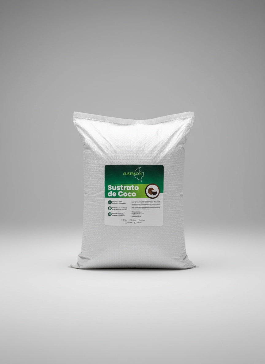 Saco de 5 litros de Sustrato de Coco Sustracol, ideal para jardinería y cultivos orgánicos.
