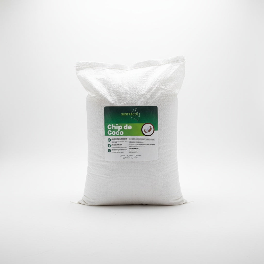 Empaque de 10 litros de chip de coco Sustracol, sustrato natural con alta retención de humedad para jardinería y viveros.