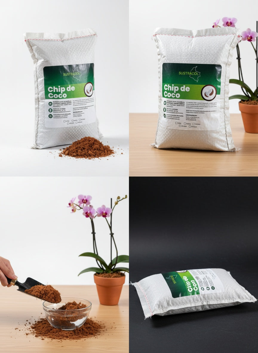 Sustrato chip de coco Sustracol en presentación fotográfica junto a orquídeas y herramientas de jardinería.
