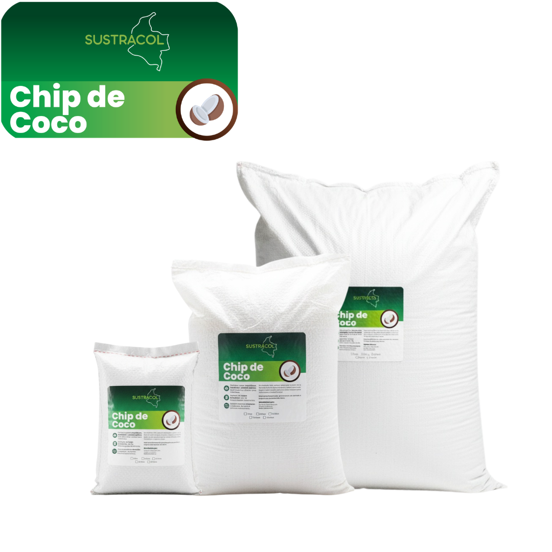 Diferentes presentaciones del chip de coco Sustracol, mezcla ecológica ideal para plantas y cultivos en Colombia.
