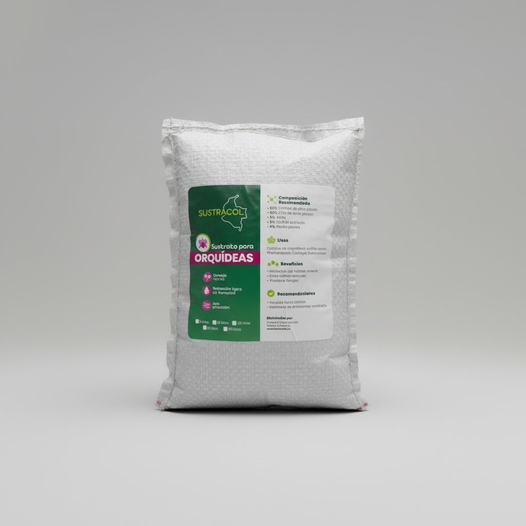 Bolsa de 1 litro de sustrato Sustracol para orquídeas, mezcla profesional con corteza de pino y buen drenaje.