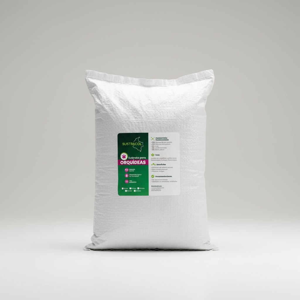 Empaque de 10 litros de sustrato Sustracol para orquídeas, recomendado para cultivo en macetas medianas.