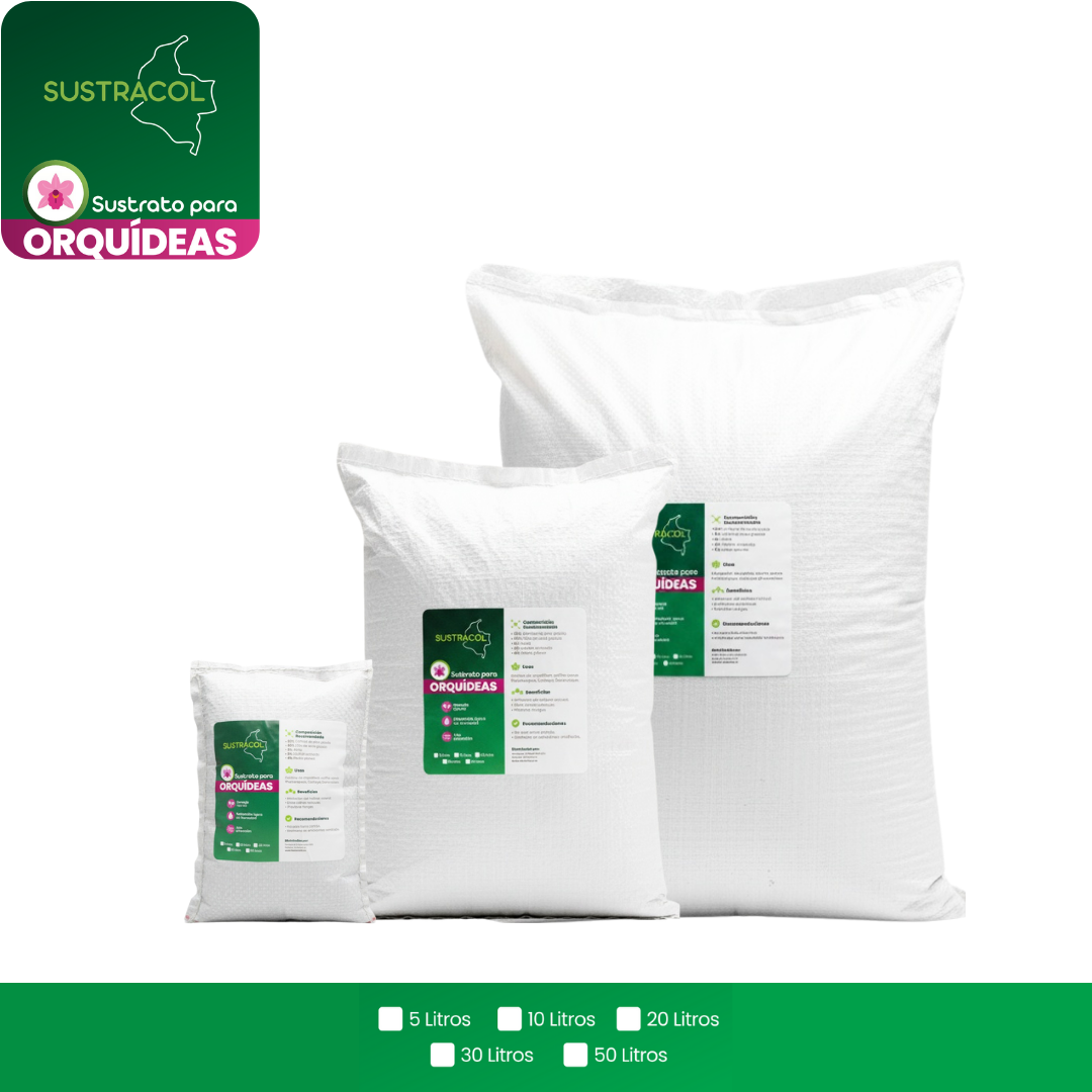 Diferentes presentaciones del sustrato Sustracol para orquídeas en Colombia, mezcla ligera ideal para Phalaenopsis y Cattleyas.