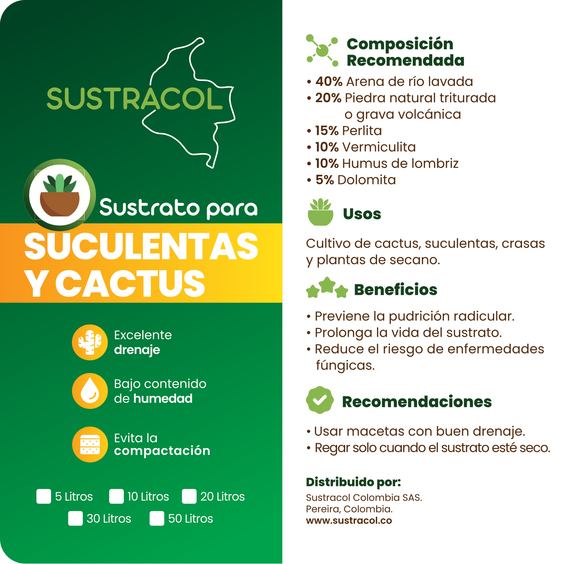 Composición del sustrato Sustracol para suculentas: 40% gravilla fina lavada, 30% perlita, 20% tierra vegetal y 10% carbón vegetal