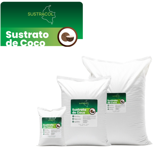 Presentaciones del producto Sustrato de Coco Sustracol en diferentes tamaños, fabricado en Colombia.
