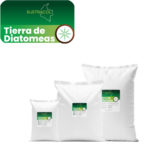 Presentaciones del producto Tierra de Diatomeas Sustracol en sacos de diferentes tamaños.
